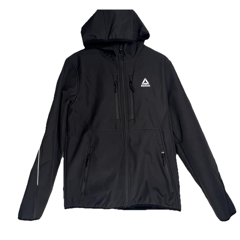 Reebok Men's Softshell Jacket S Black Full Zip Hooded Reflective Water Resistant